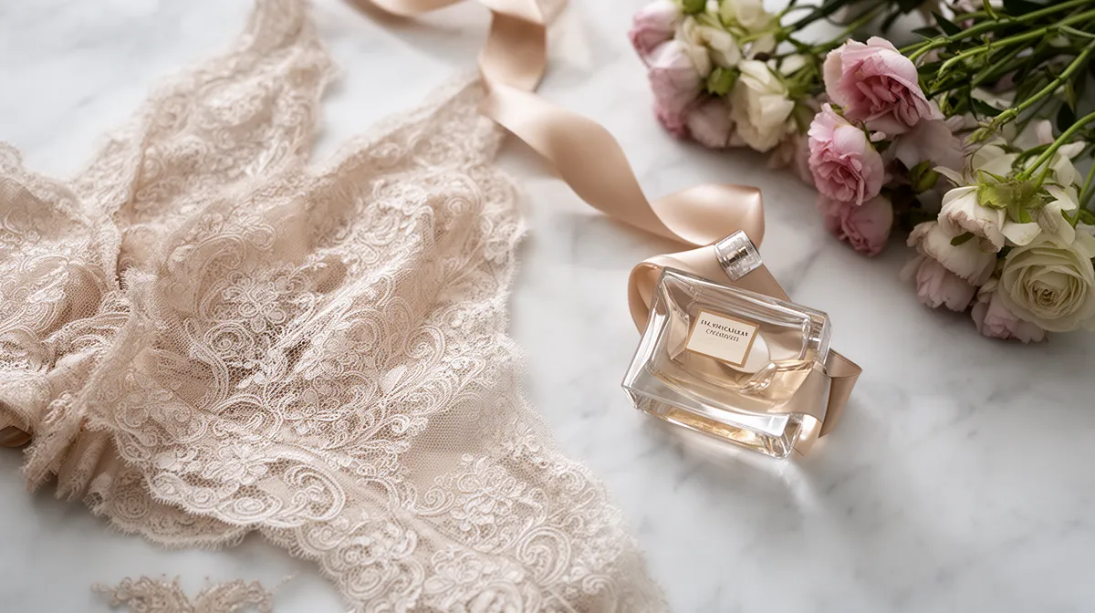 Delicate lace, fragrant flowers, and a glass perfume bottle.