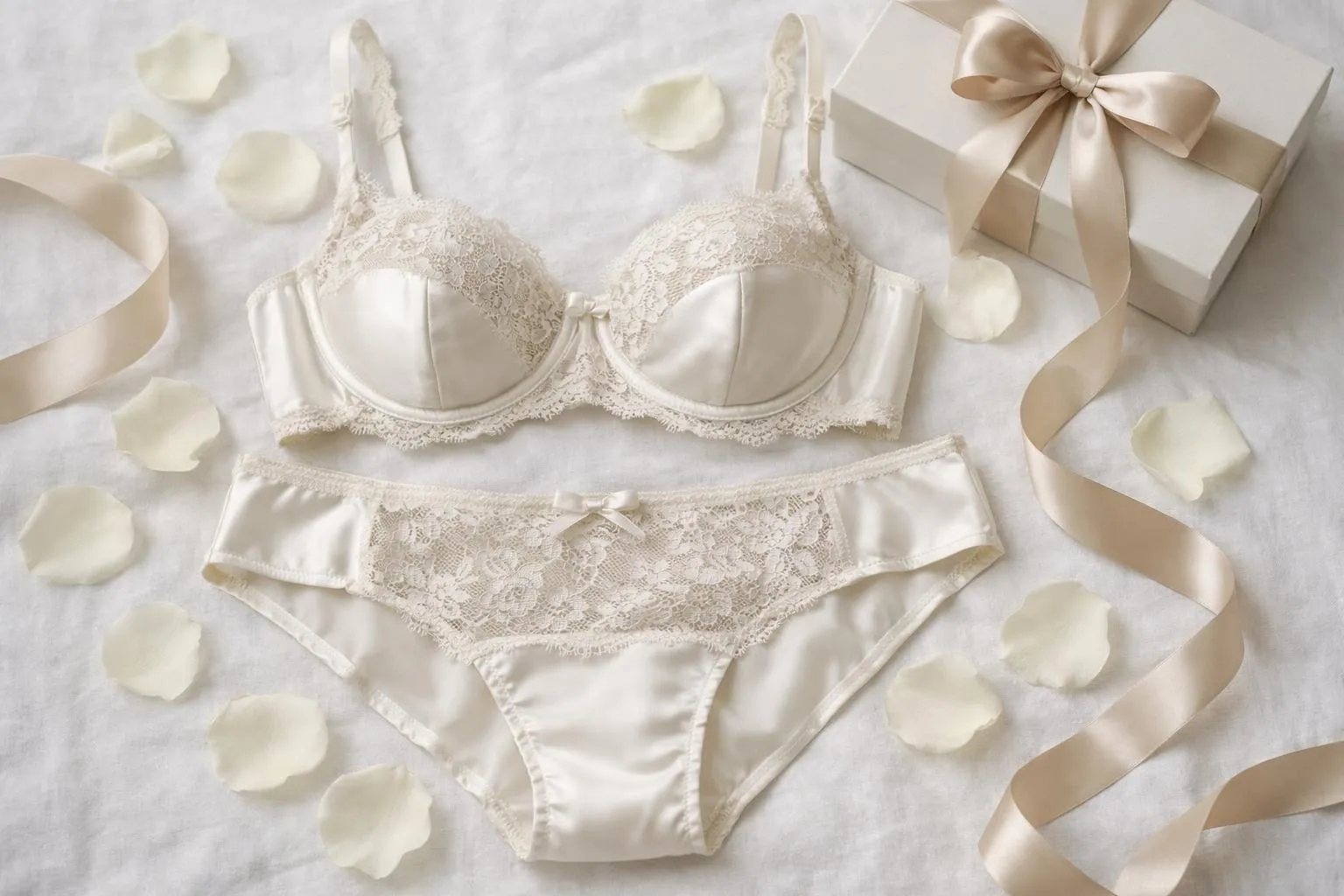 Elegant white lace lingerie set with gift box and petals.