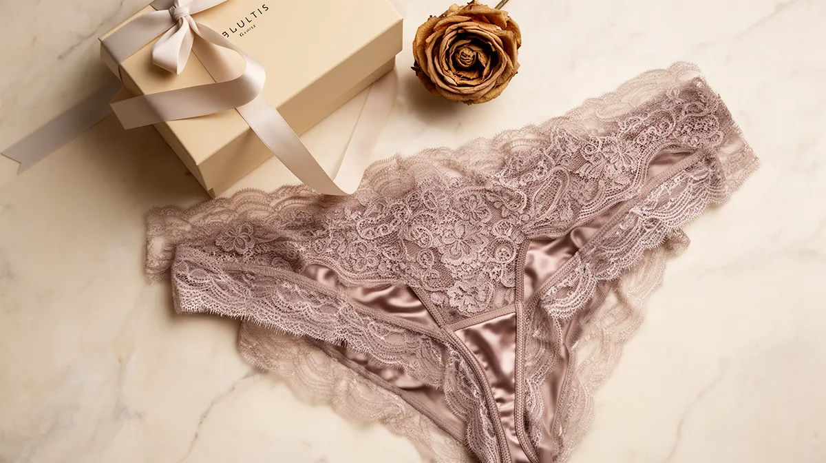 Delicate lace undergarment, gift box, and dried rose blossom.