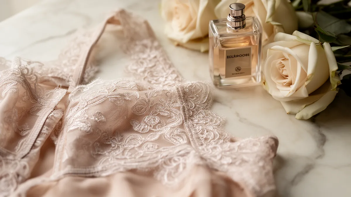 Delicate lace, fragrant roses, and a perfume bottle.