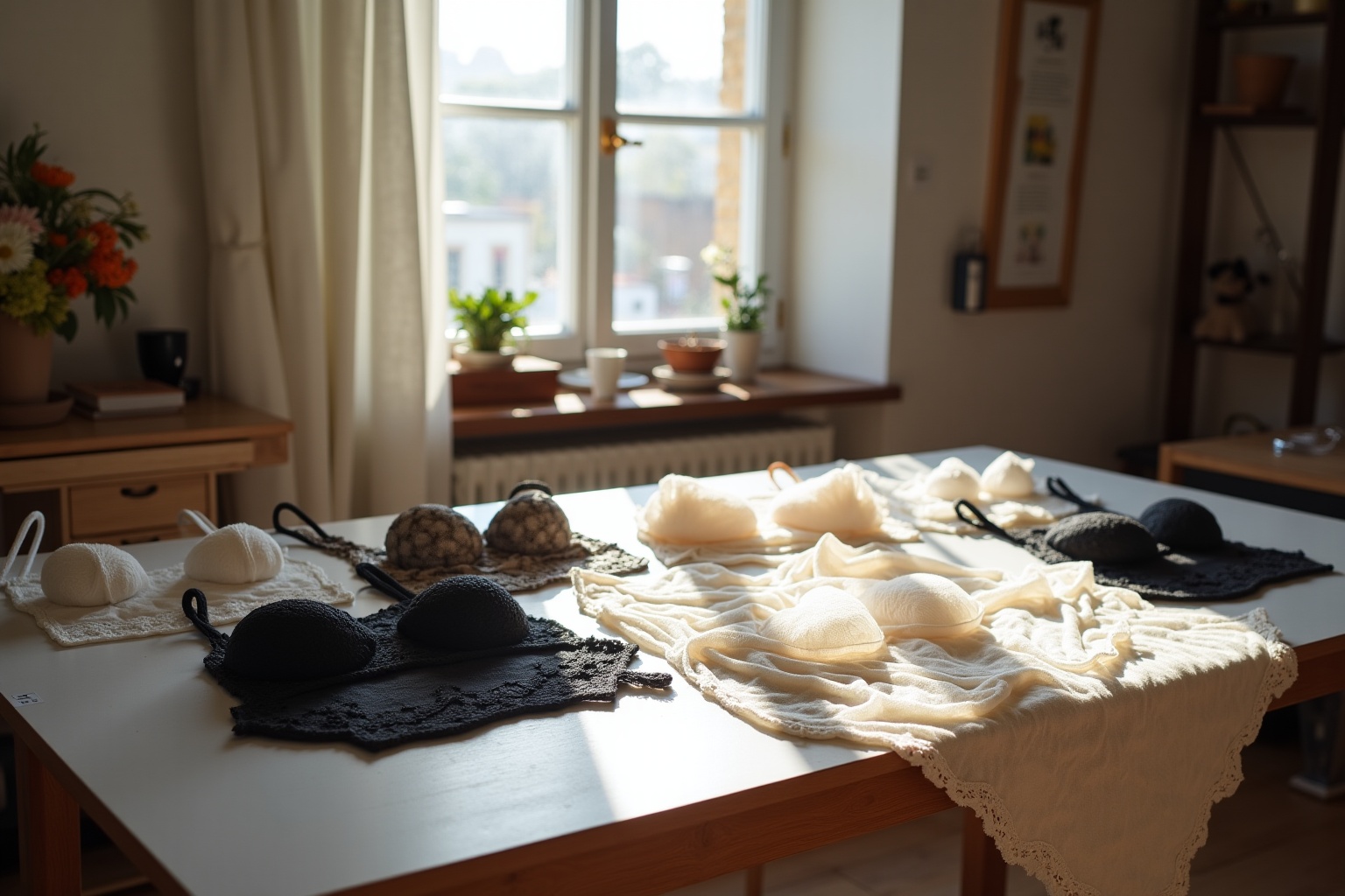Objets de couture et de tricot sur une table en bois.