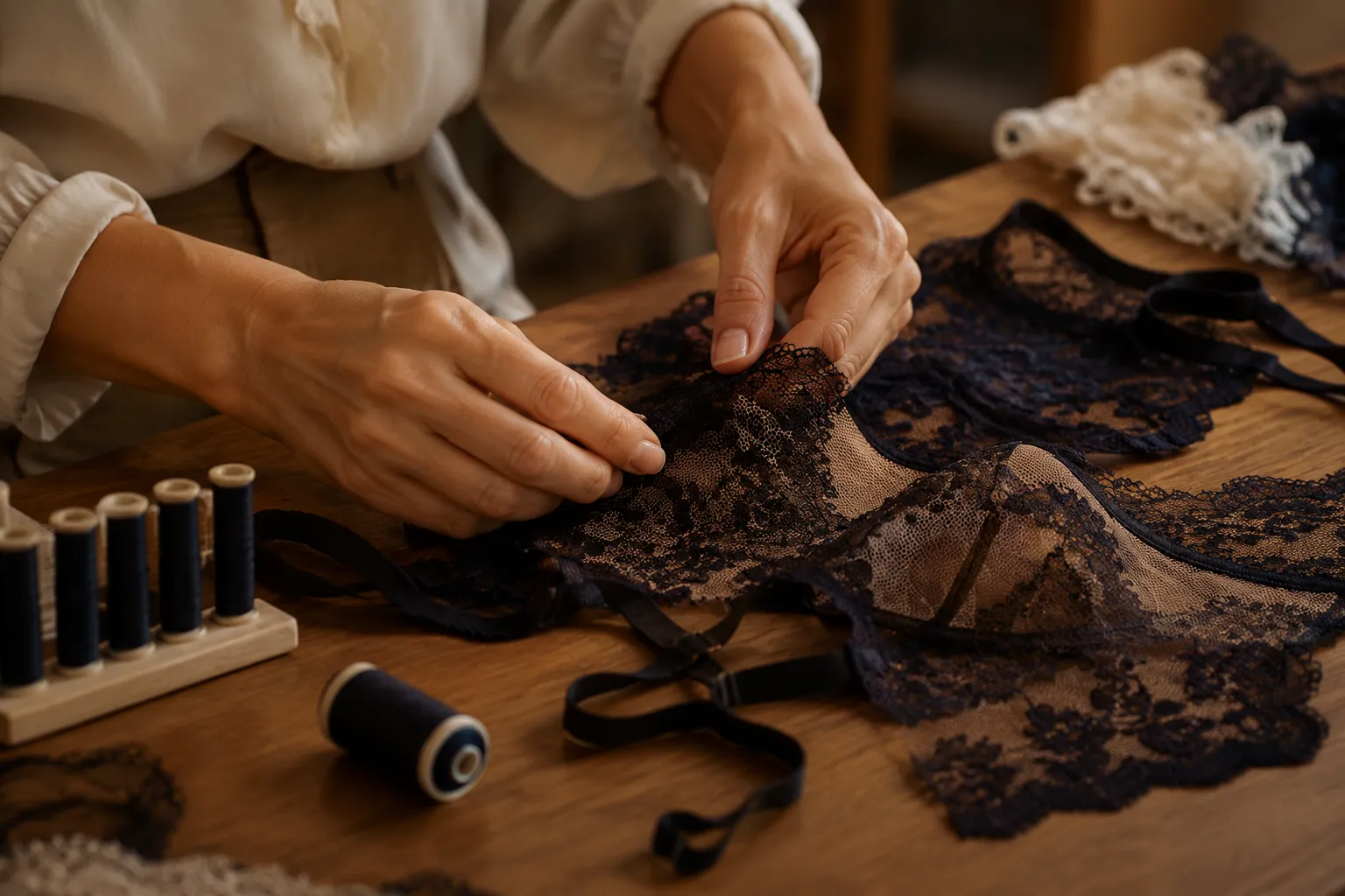 Hands sewing intricate black lace on a fabric surface.