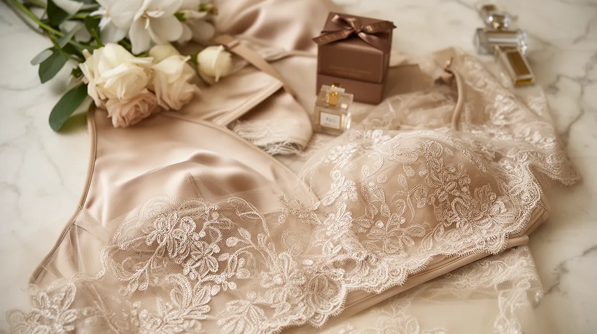 Elegant lace, satin, and floral wedding accessories on marble.