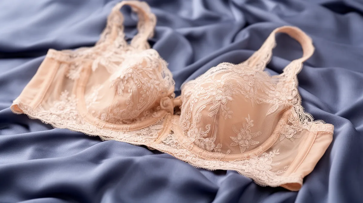 Delicate lace-trimmed beige brassiere on silky gray fabric.