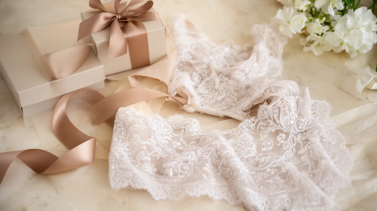 Delicate lace, gift boxes, and elegant floral arrangements.