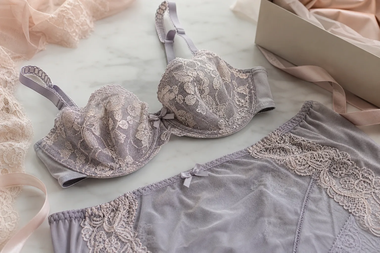Delicate gray lace brassiere and panties on marble surface.