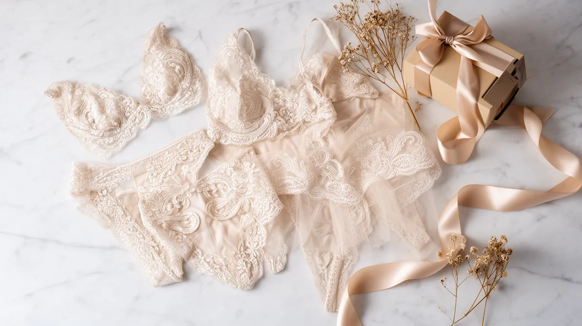 Delicate lace lingerie, gift box, and dried floral accents.