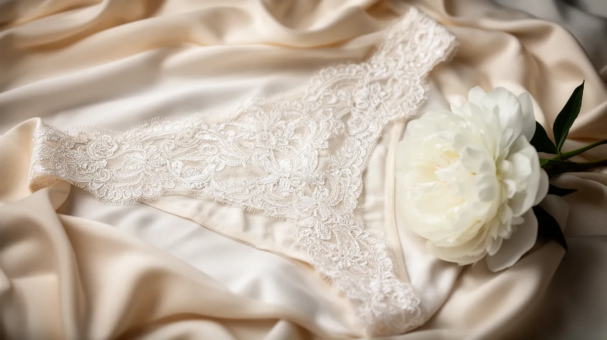 Delicate lace, soft satin, and a pristine white peony.