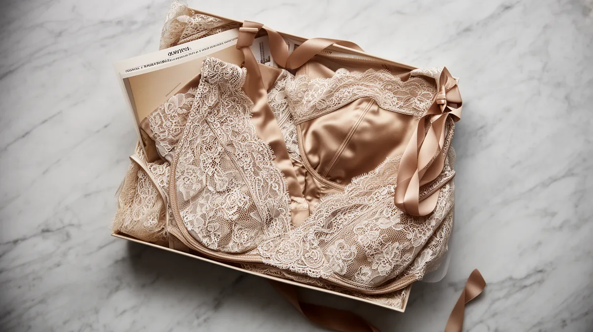 Delicate lace lingerie in a beige and satin palette.