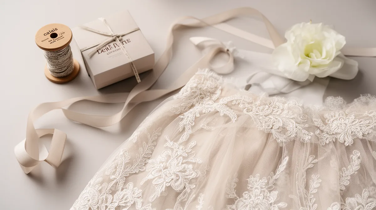 Delicate lace, ribbons, and a single white flower.