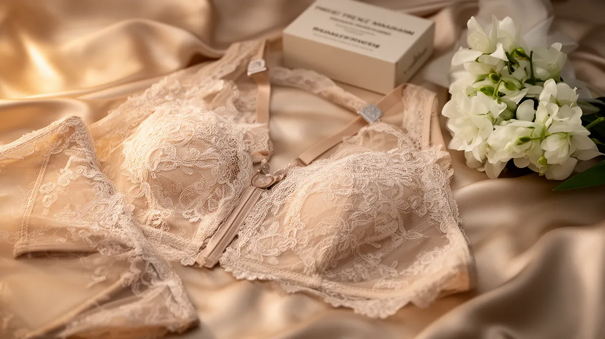 Delicate lace lingerie, floral bouquet, and wedding invitation box.
