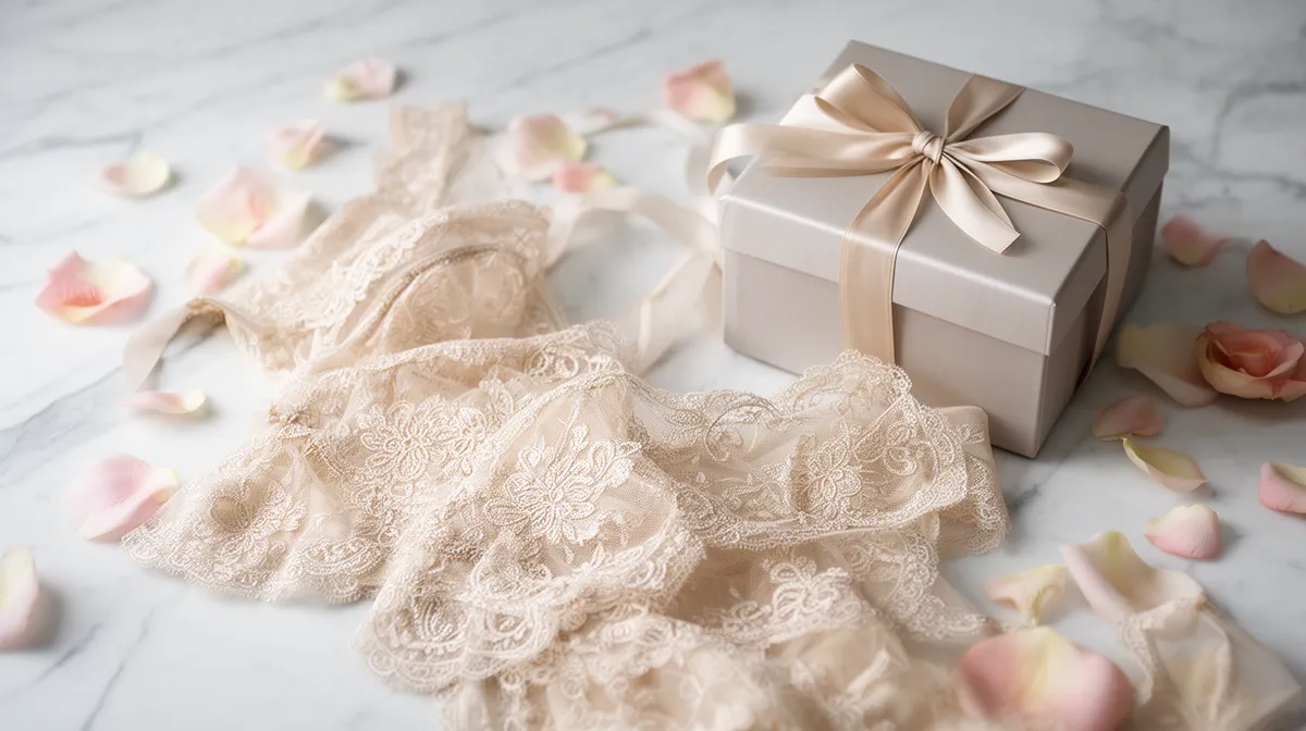 Delicate lace, gift box, rose petals, romantic, feminine, elegant.
