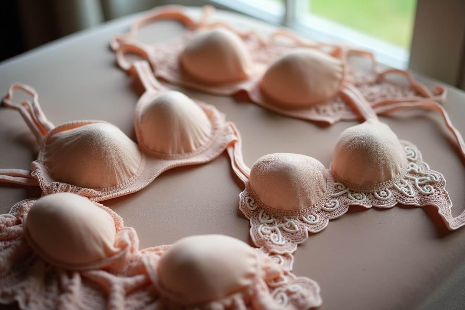 Delicate, lace-trimmed bras in soft, peach tones.