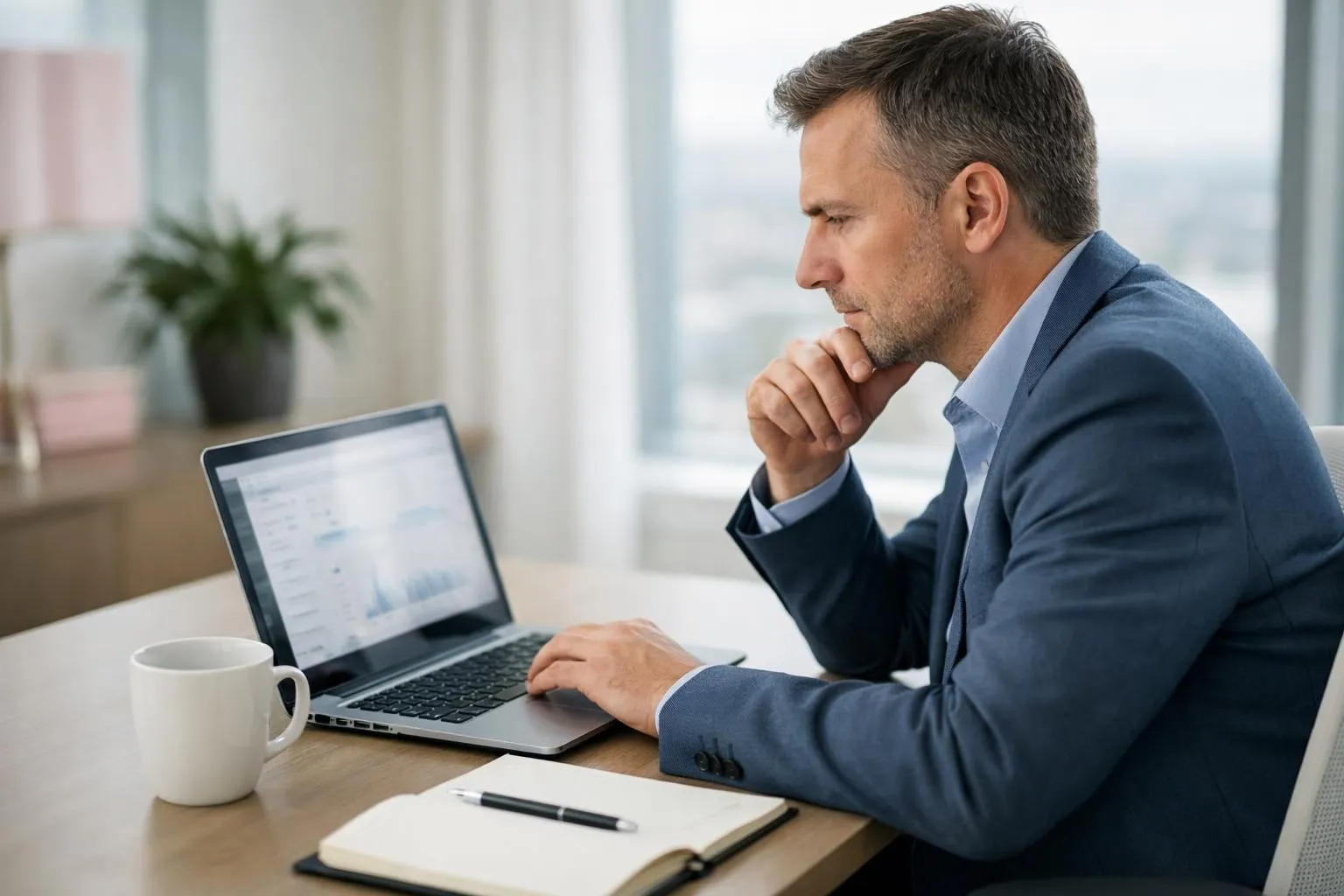 Guide complet prix campagne publicitaire facebook instagram 2 A business owner analyzing a laptop screen showing Facebook Ads Manager dashboard with cost metrics, seated at a modern desk with a coffee cup and notepad, natural office lighting through window