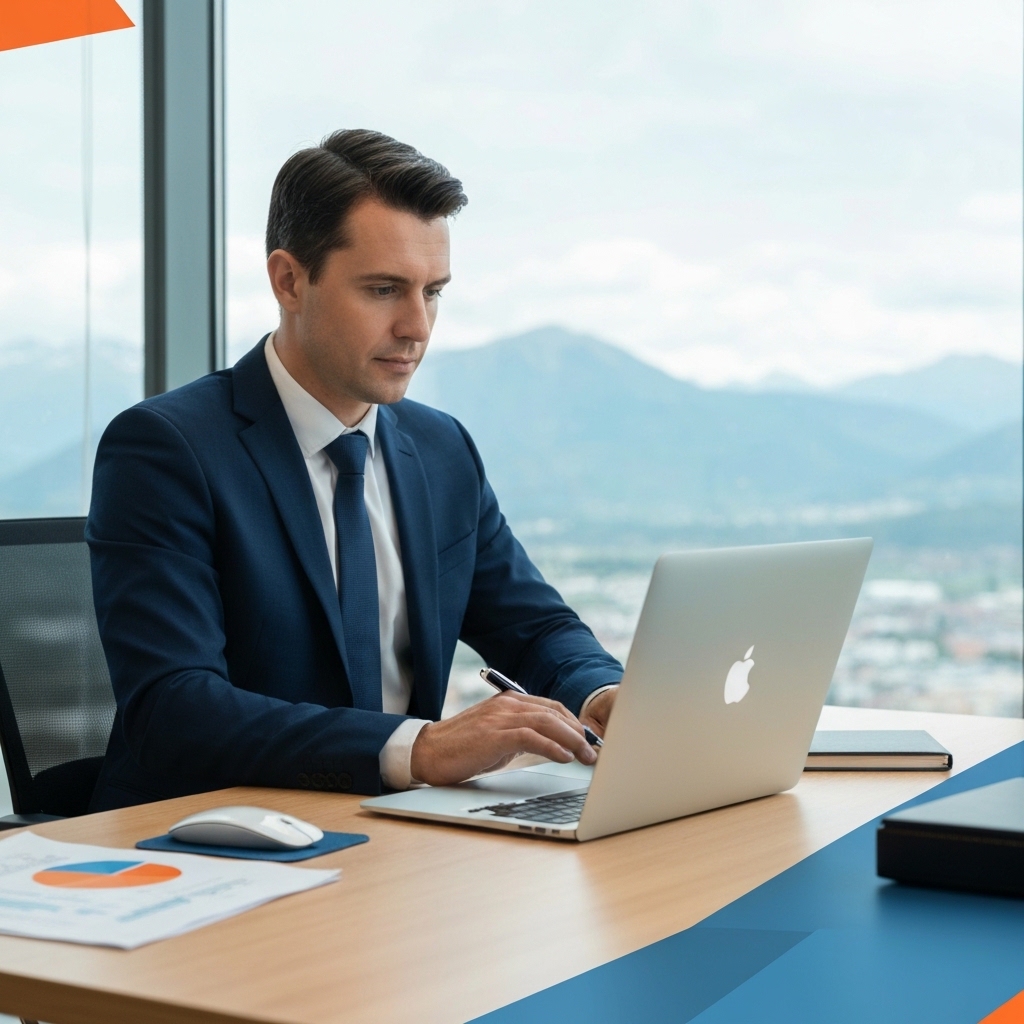 Swiss business executive reviewing digital analytics on laptop in contemporary office with mountain view through windows