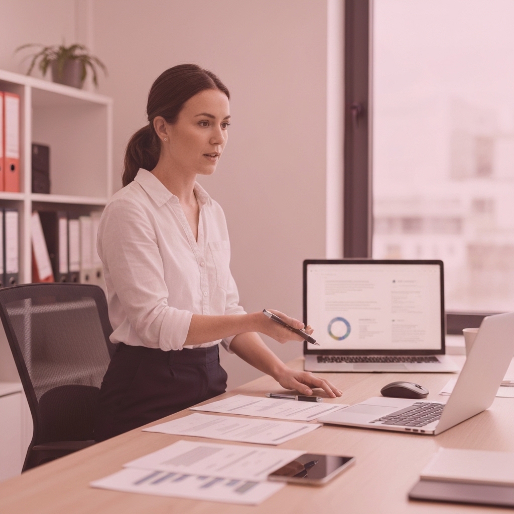 Business professional presenting digital strategy concept to colleagues in modern Swiss office, natural lighting, collaborative workspace with laptop and documents