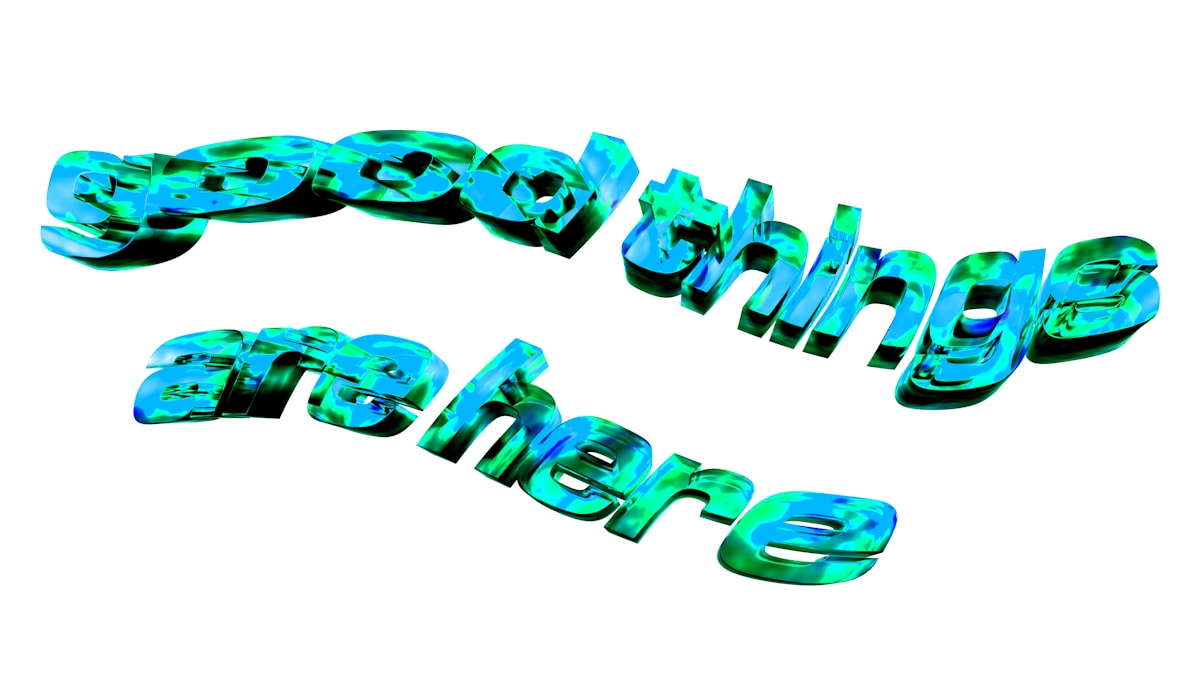 Texte 3D abstrait en bleu et vert avec des formes ondulées.