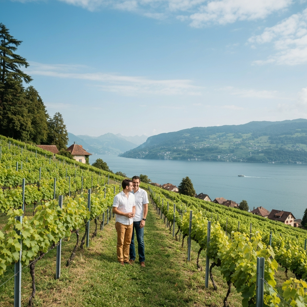 Photographe professionnel avec appareil haut de gamme photographiant un couple lors d'une séance portrait dans les vignobles en terrasses de Chexbres, Lavaux, avec vue sur le Léman en arrière-plan et équipement professionnel visible