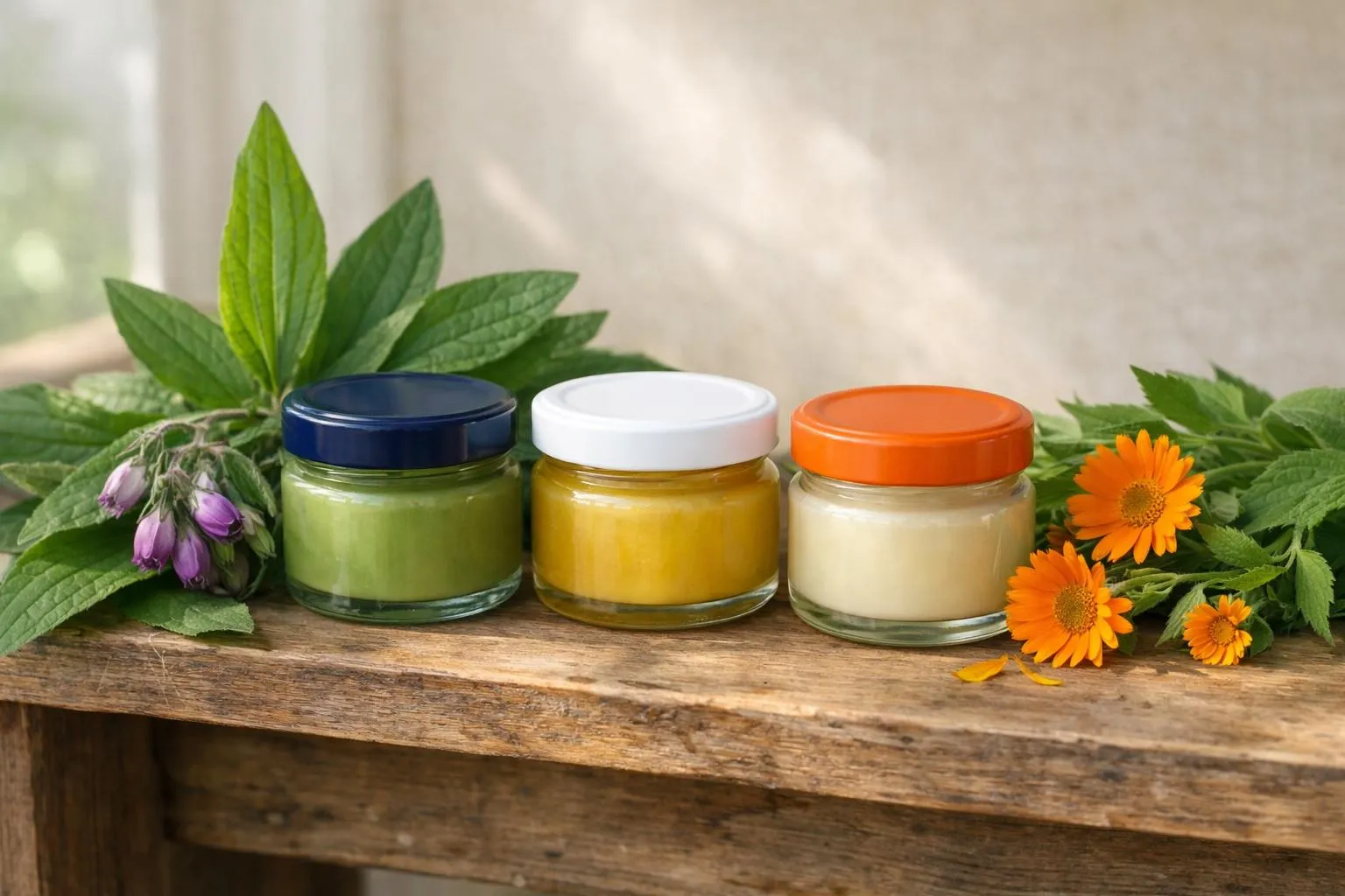 Pots de crème naturelle, huiles essentielles et fleurs de calendula.
