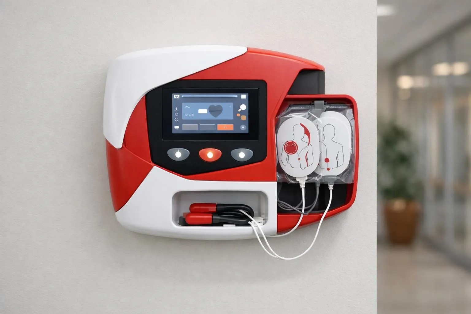 Défibrillateur externe automatisé moderne monté sur un mur dans un espace public, avec un panneau d'affichage numérique clair et des électrodes de réanimation visibles, équipement médical professionnel aux couleurs rouge et blanche typiques des dispositifs d'urgence.