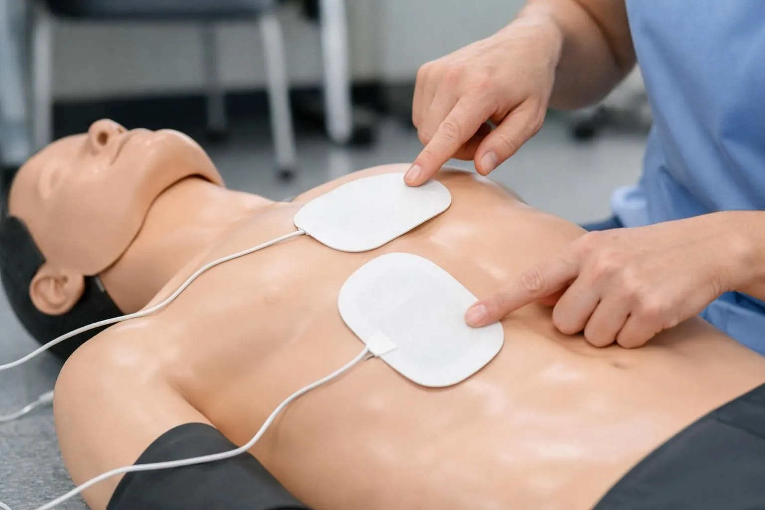 Gros plan sur les électrodes d'un défibrillateur externe automatique positionnées correctement sur le torse d'un mannequin de formation, avec des guides anatomiques visibles, les mains d'un instructeur démontrant la technique appropriée dans un environnement de formation médicale professionnelle.