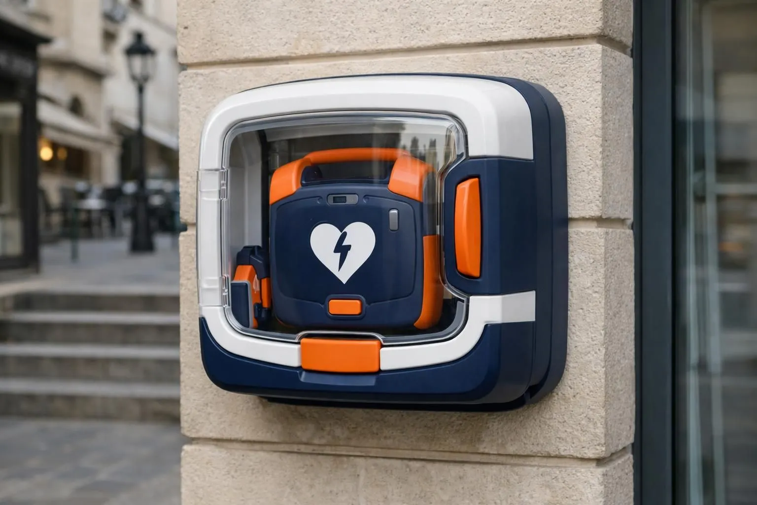 Défibrillateur externe automatique moderne monté dans un boîtier de protection sur le mur d'un bâtiment public avec un accès d'urgence clair, photo réaliste montrant l'appareil dans un environnement urbain français.