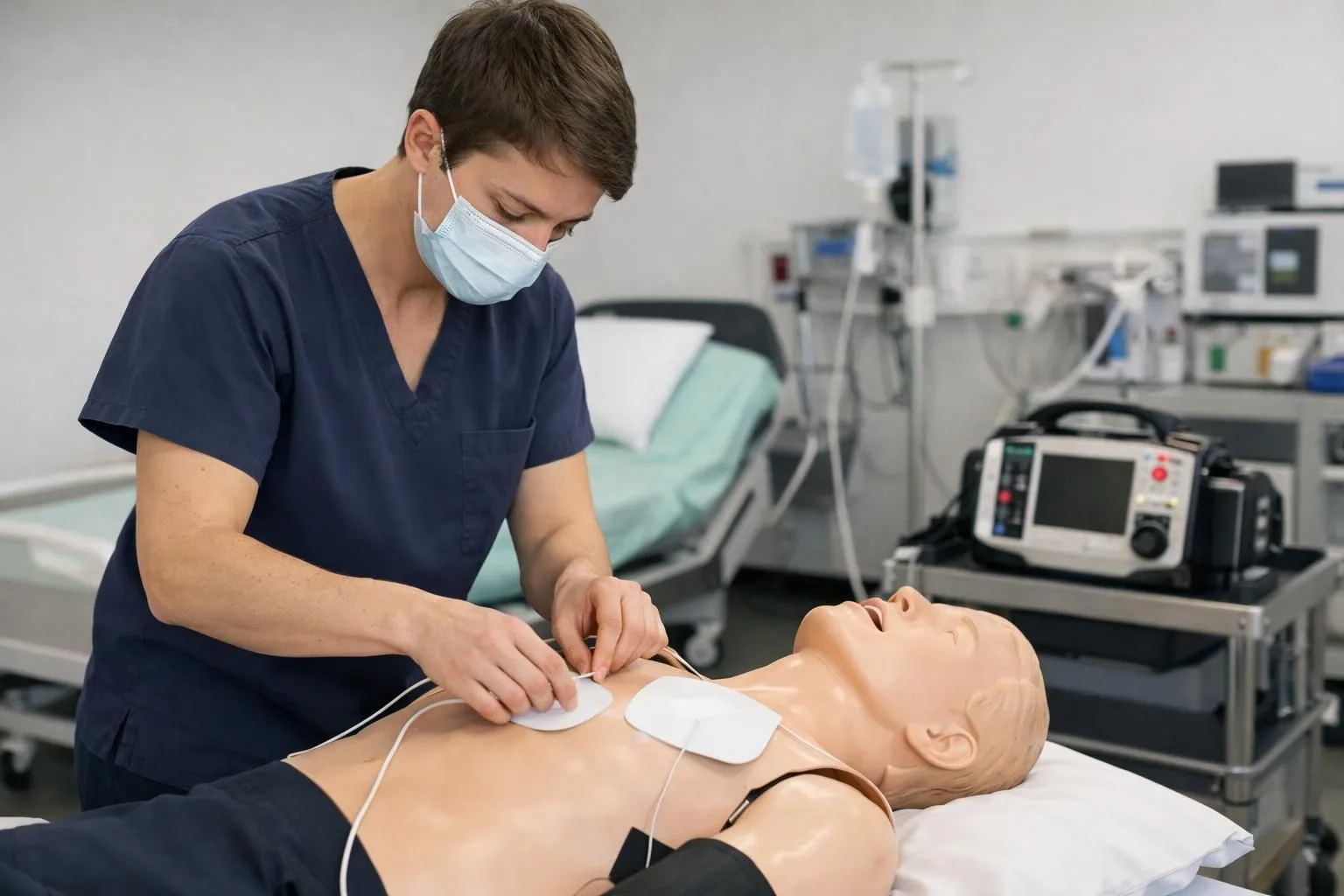Un professionnel de santé place des électrodes de défibrillateur sur un mannequin d'entraînement dans une salle de formation moderne.