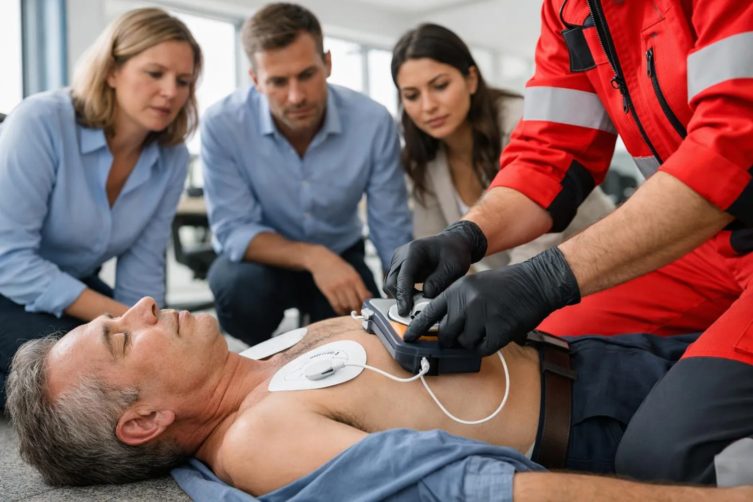 Scène d'urgence montrant un professionnel utilisant un défibrillateur externe automatique sur une personne inconsciente dans un lieu de travail, collègues apportant leur soutien avec un sentiment d'urgence et de soulagement, photographie de style documentaire réaliste.