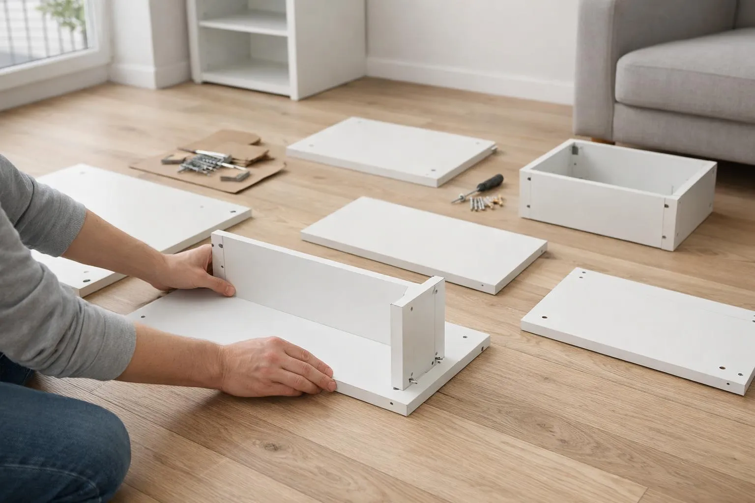 Möbel-Bauteile auf Holzboden, Werkzeuge für Möbelmontage.