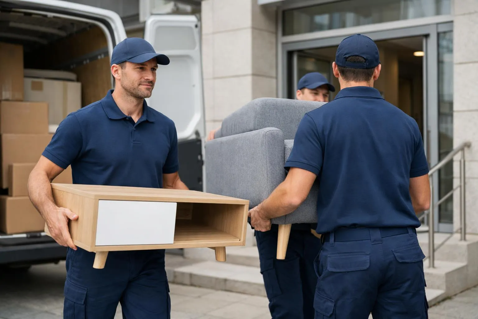 Zwei Möbelpacker in Uniform tragen einen Sessel in ein Gebäude.
