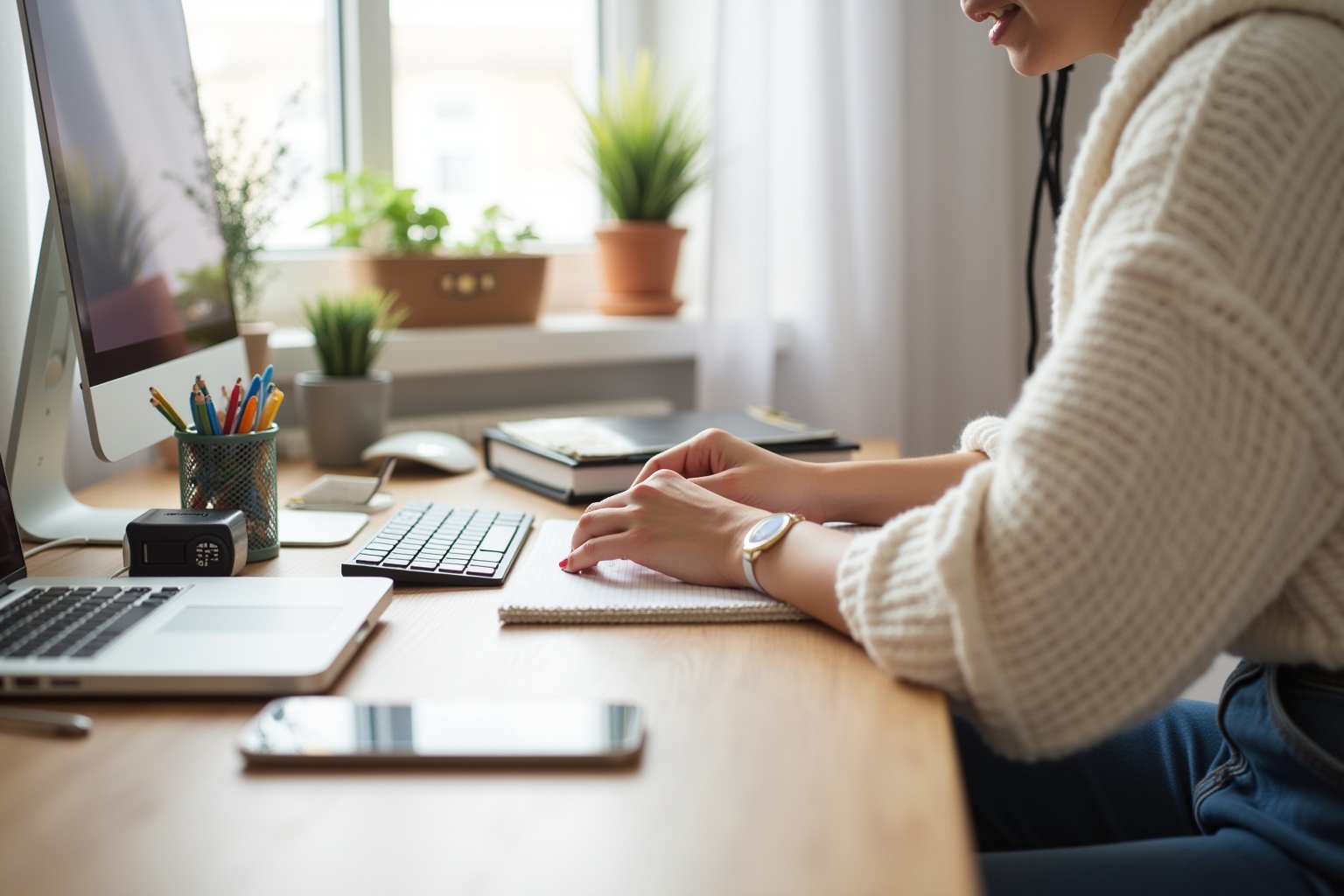 Schreibtisch mit Computer, Büromaterial und Zimmerpflanzen.