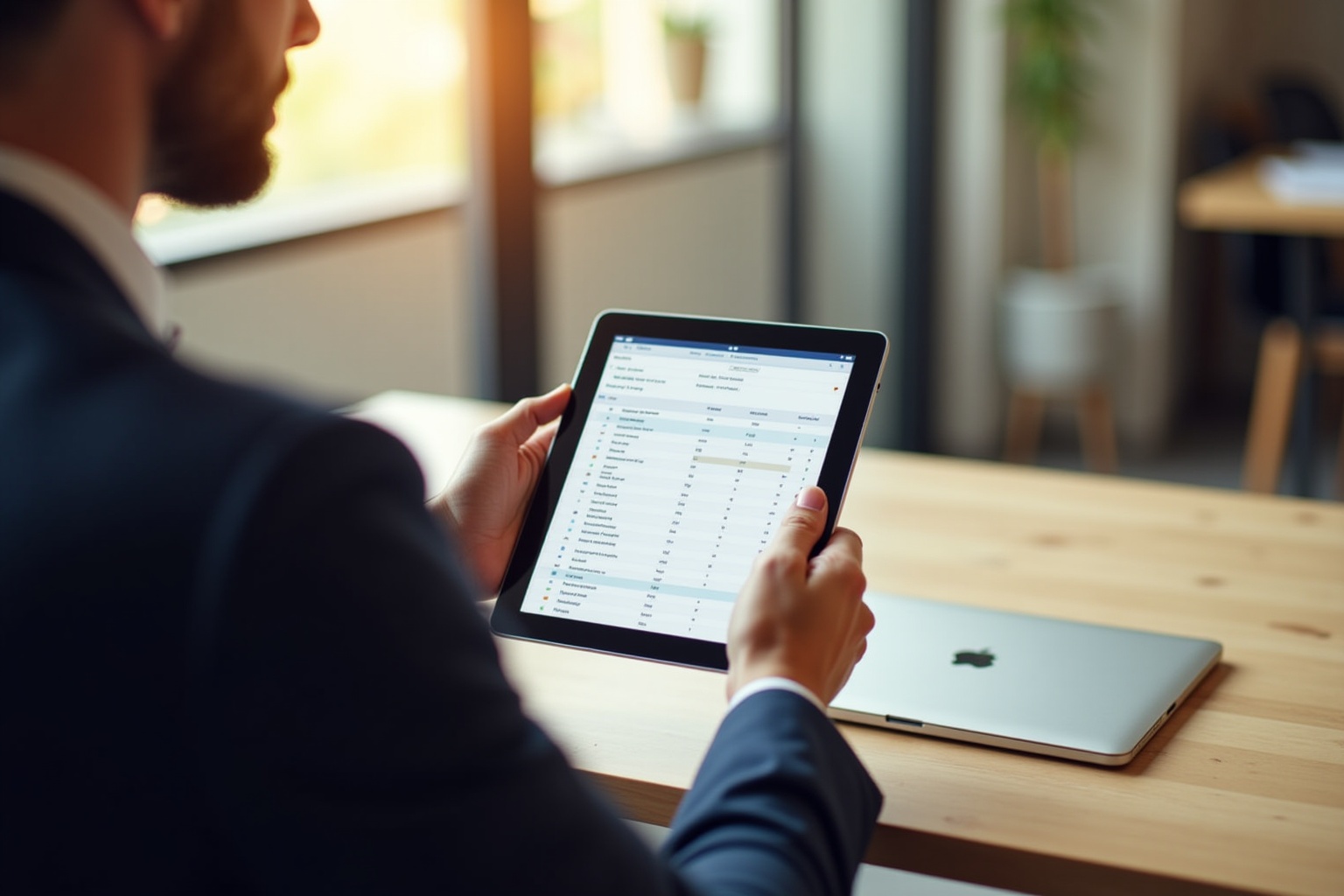 Mann in Anzug überprüft Daten auf Tablet-Computer.