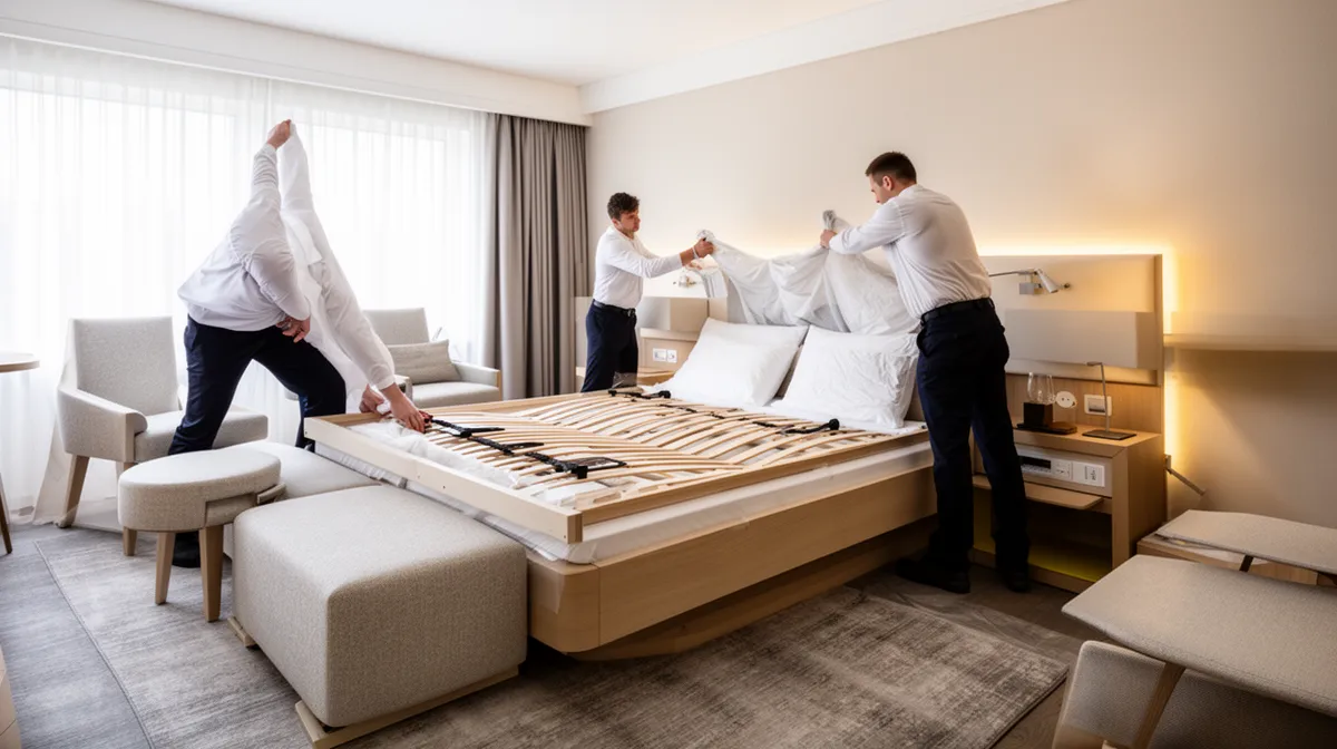 Zwei Männer richten ein Bett in einem Hotelzimmer ein.