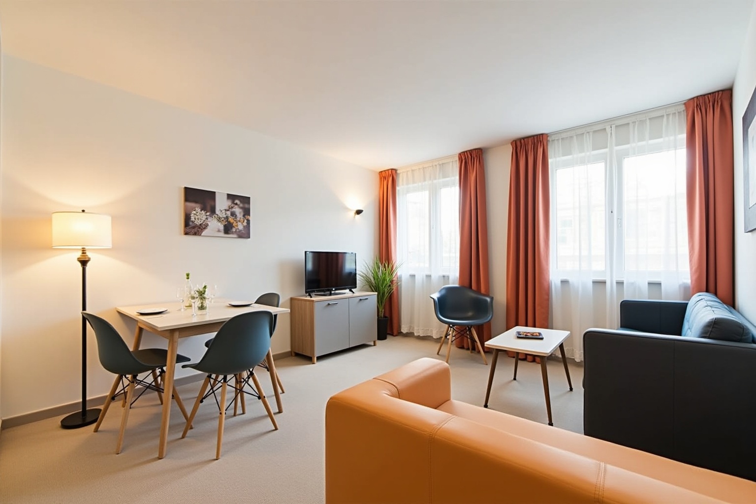 Modernes, helles Wohnzimmer mit Essbereich und Möbeln im skandinavischen Stil.