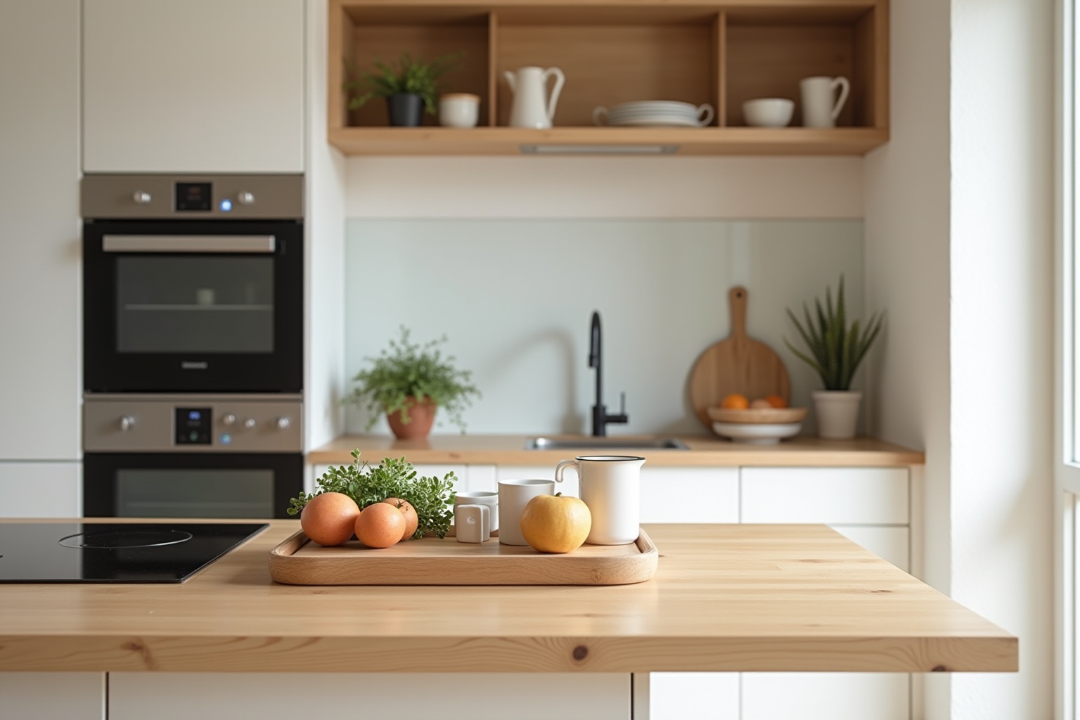 Moderne, helle Küche mit Holzakzenten und dekorativen Pflanzen.