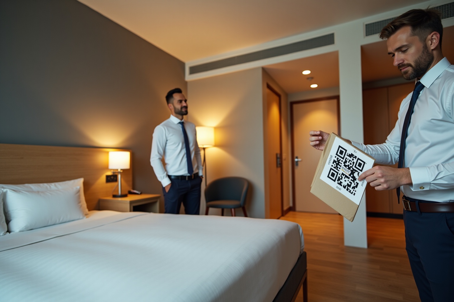 Zwei Geschäftsmänner in einem Hotelzimmer, einer hält einen QR-Code.