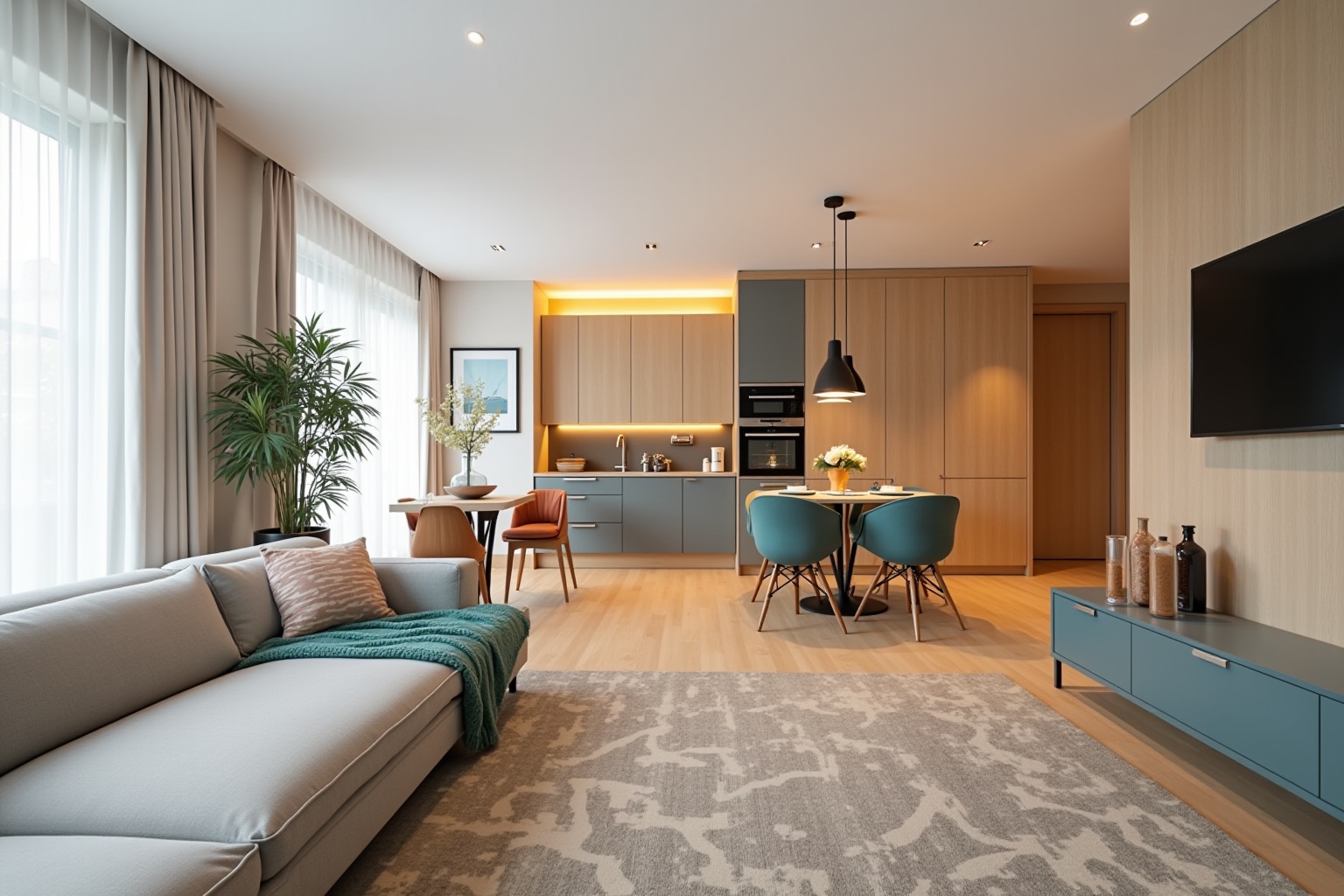 Modernes, offenes Wohnzimmer mit Küche, Essbereich und gemütlicher Sitzecke.