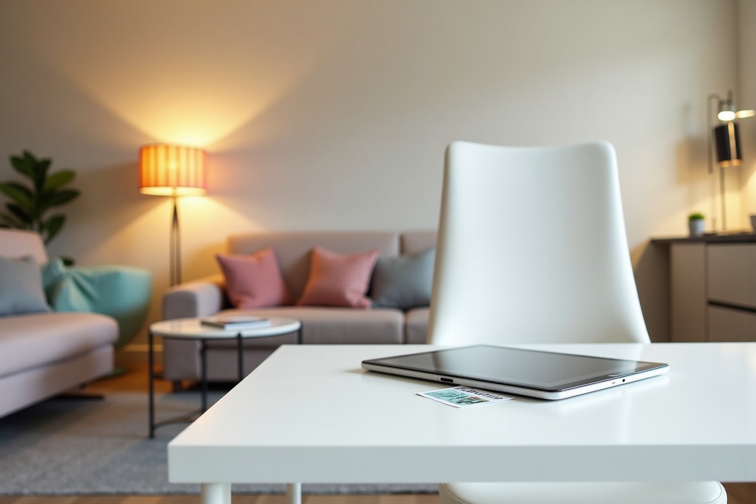 Gemütliches Wohnzimmer mit Sofa, Tisch und Laptop.