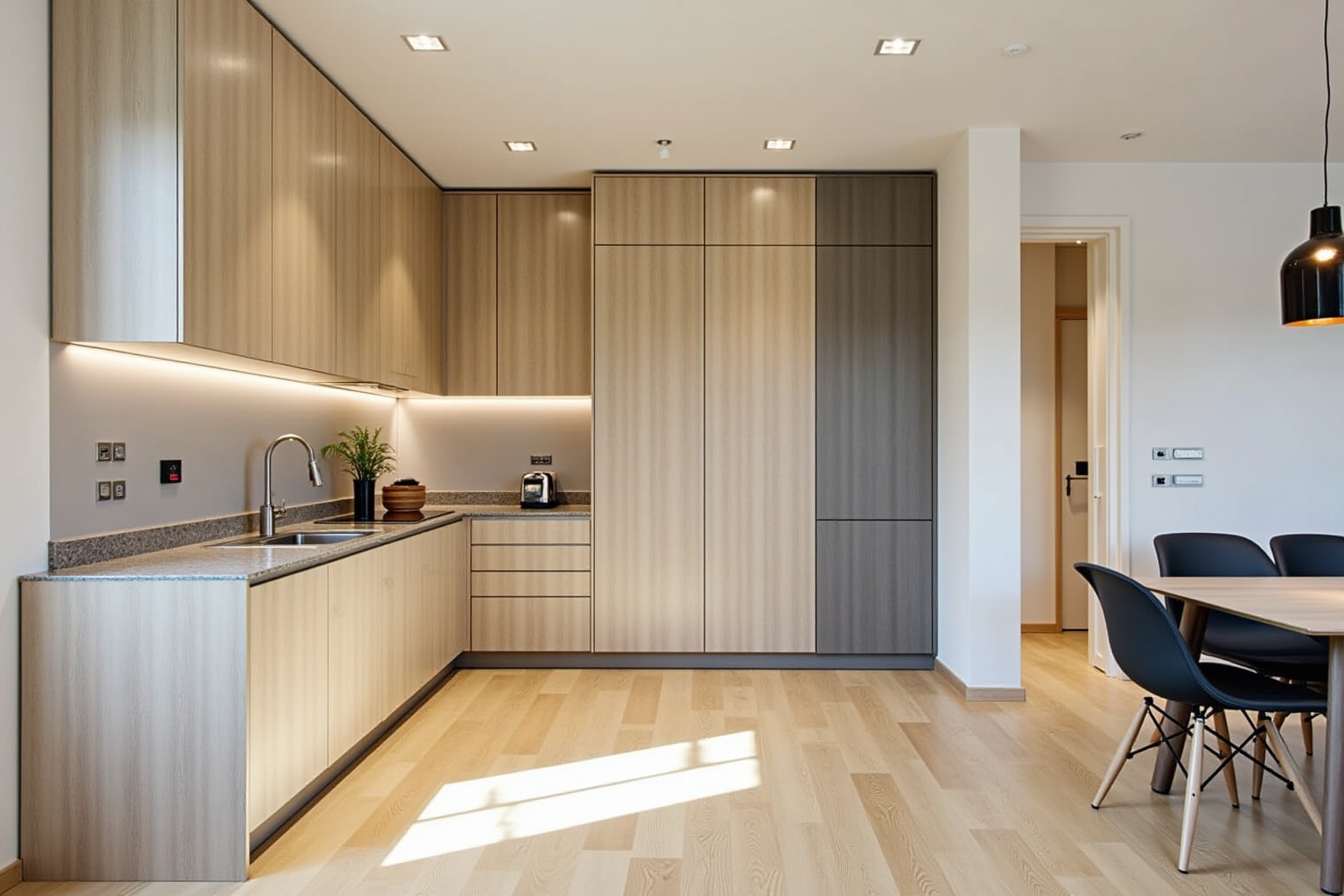 Moderne, helle Küche mit Holzfronten und Einbaugeräten.