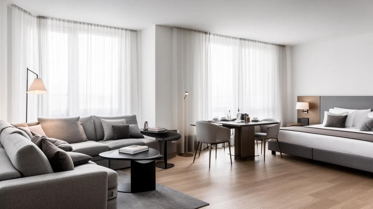 Modernes, geräumiges Hotelzimmer mit Sitzecke, Essbereich und Bett.