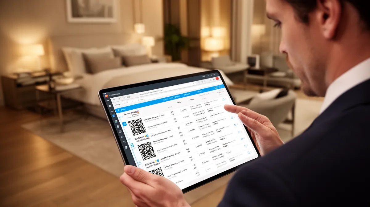Ein Mann in einem Hotelzimmer überprüft Buchungsinformationen auf einem Tablet.