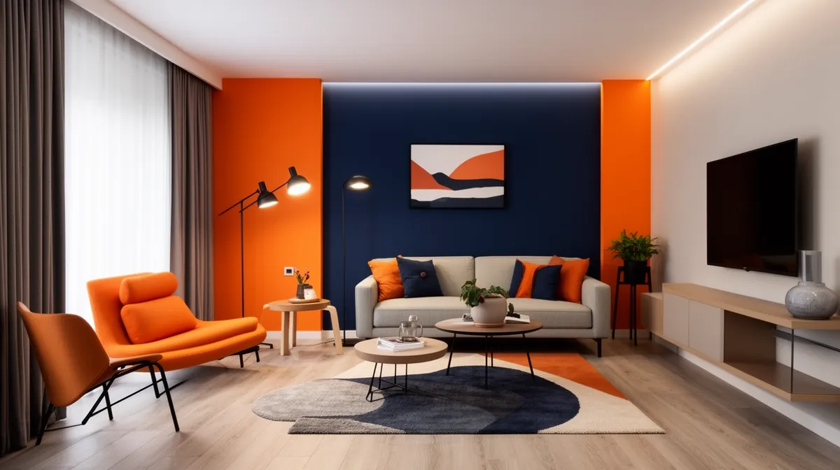 Modernes, farbenfrohe Wohnzimmer mit orangefarbenen Möbeln und blauer Wand.