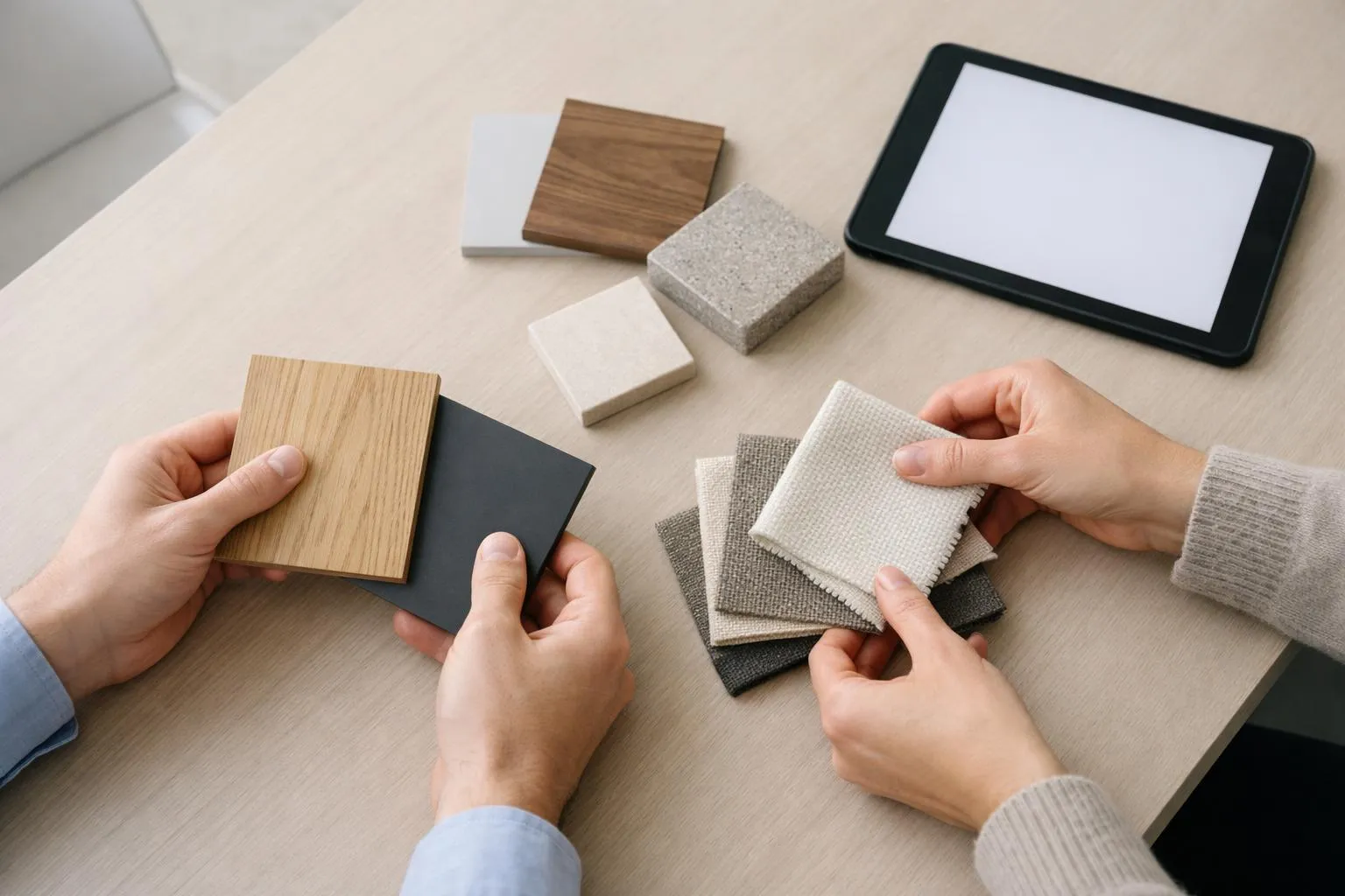 Holz- und Steinmuster, Farbproben, digitales Tablet auf Tisch.