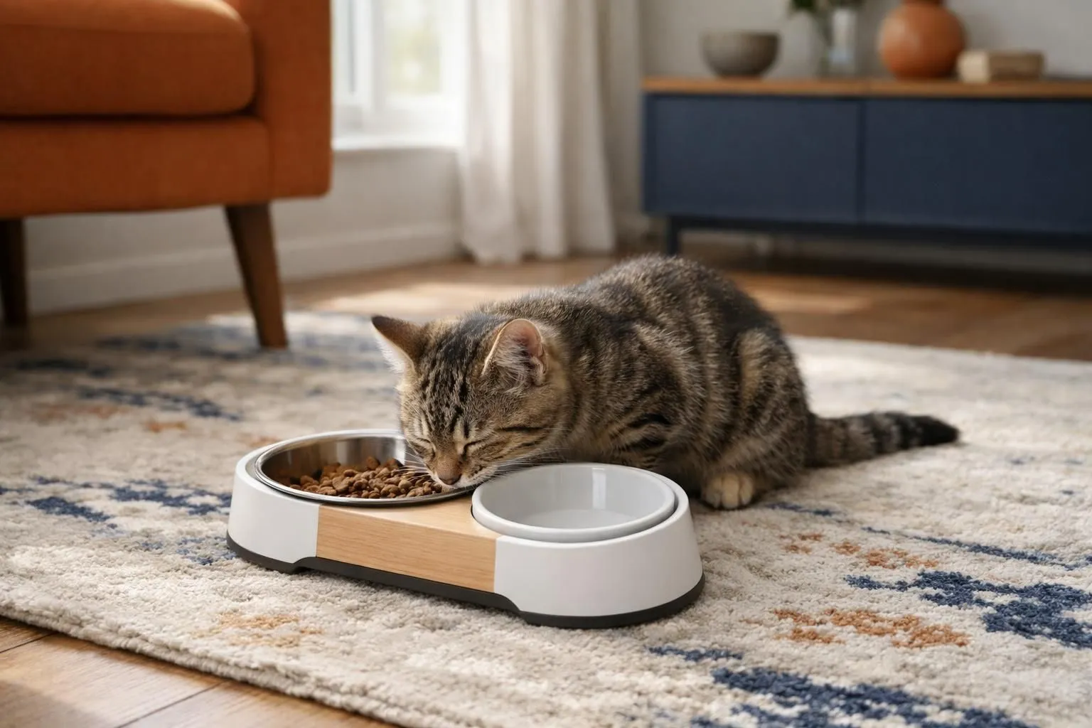 Chat tigré en pleine santé mangeant paisiblement des croquettes dans une gamelle design moderne posée sur un tapis élégant, lumière naturelle douce traversant une fenêtre en arrière-plan, ambiance chaleureuse d'un intérieur contemporain