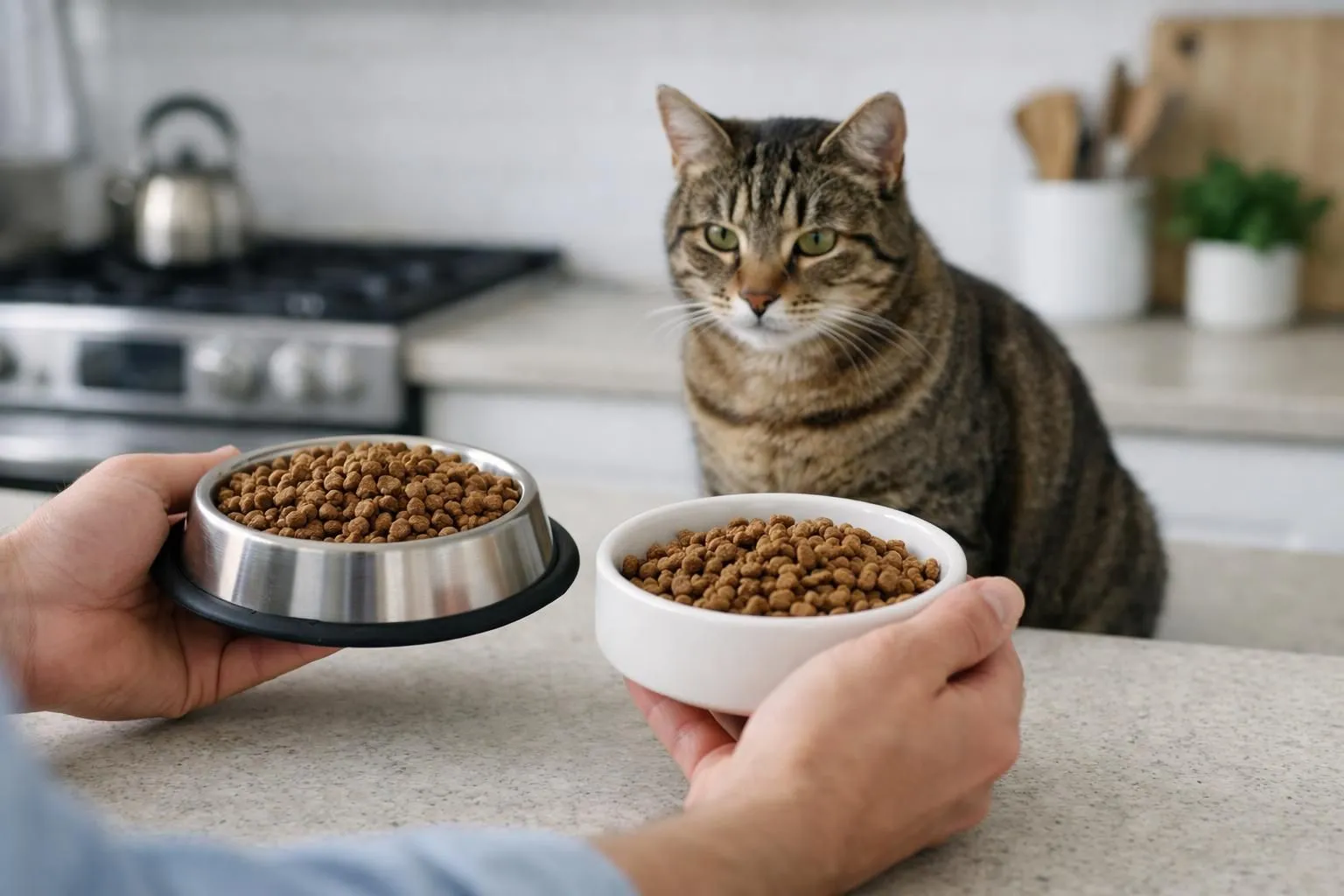 Propriétaire attentionné observant trois bols de croquettes différents devant un chat tigré adulte assis calmement dans une cuisine moderne lumineuse, scène documentaire montrant l'adaptation nutritionnelle selon l'âge félin
