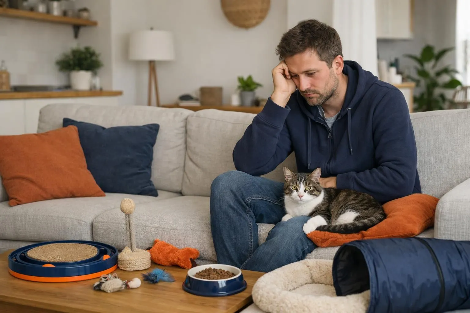 A worried new cat owner sitting on a couch with a timid newly adopted cat nearby, showing uncertainty and concern in a warm home environment with scattered cat supplies