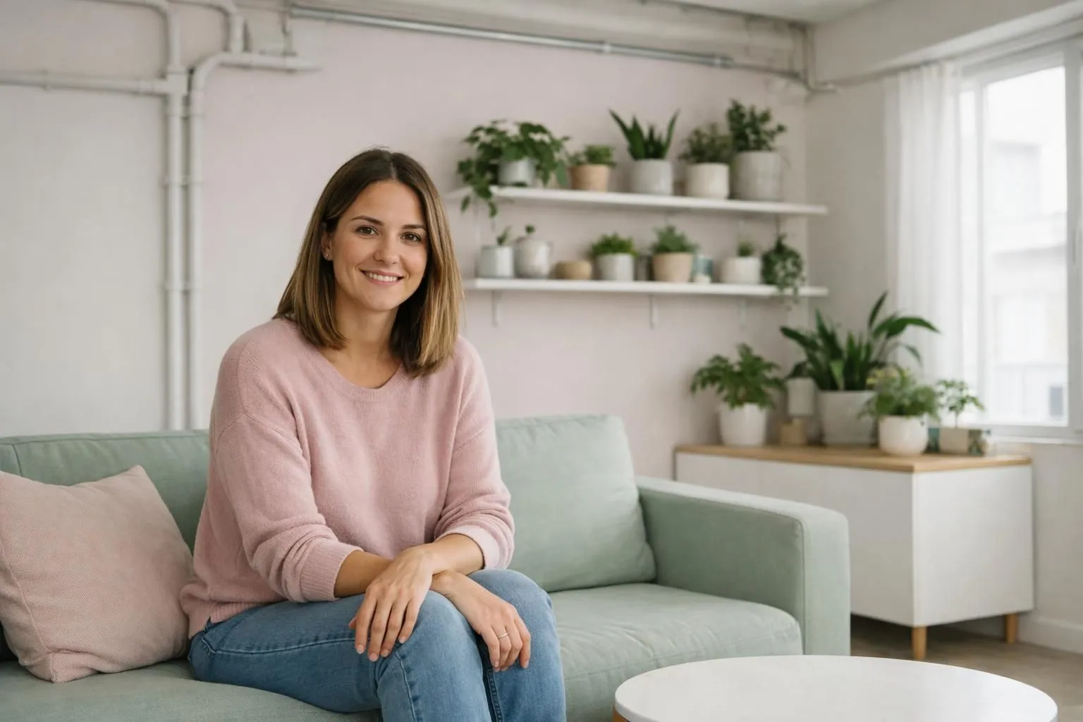 Interior of a modern unprepared apartment showing exposed electrical cables hanging near furniture, potted houseplants on shelves, and completely empty floor space without any cat accessories like litter box or bowls, photographed in natural daylight to illustrate lack of preparation for cat arrival