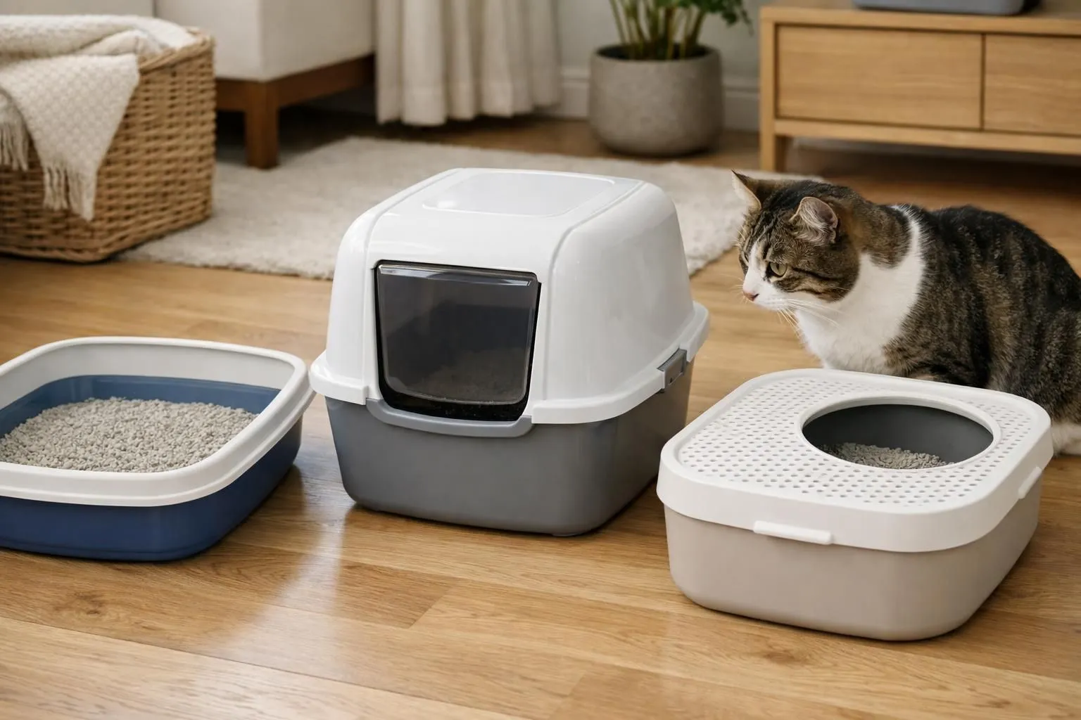 Modern home interior showing a calm cat examining three different types of litter boxes side by side - one covered box, one open tray, and one extra-large open box - with various litter substrates visible, natural lighting from window, clean domestic setting with neutral colors