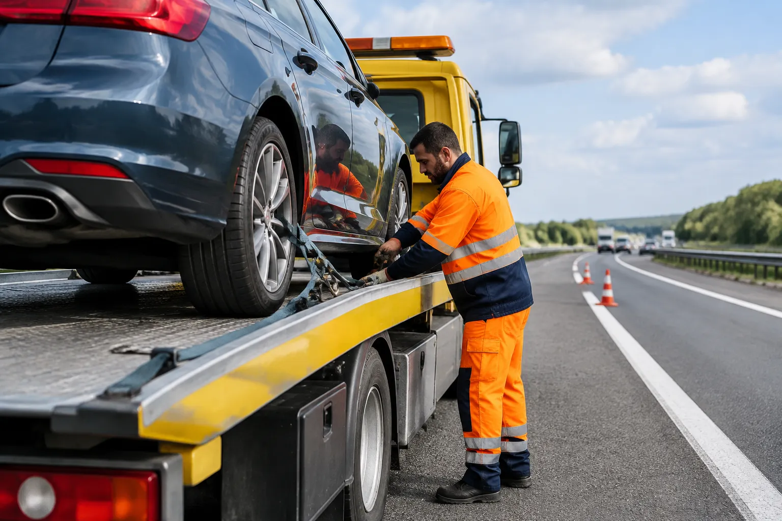 Dépanneur sécurisant une voiture sur camion de remorquage autoroutier