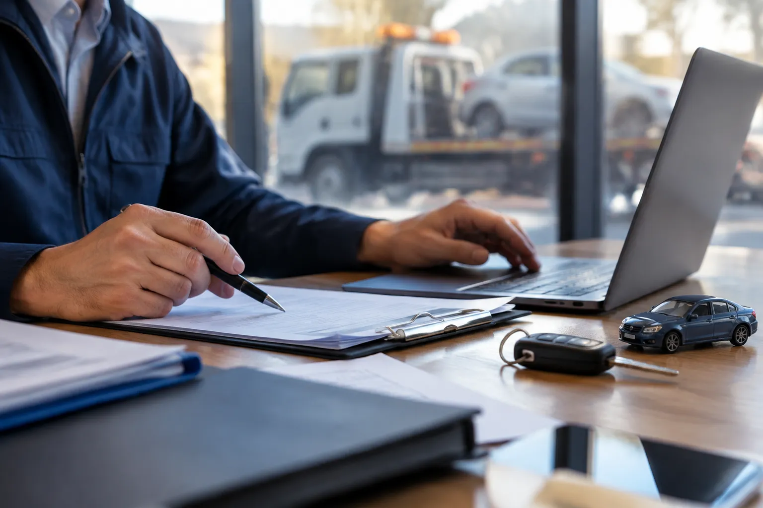 Homme signant des documents près d’un ordinateur et de clés de voiture